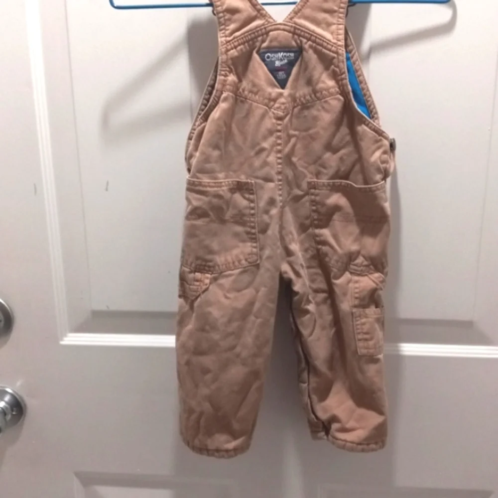 OshKosh Tan Overalls with blue flannel inside, Sz 12 mos